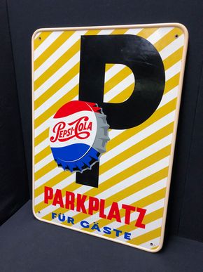 Pepsi Cola Parkplatz-Werbeschild (Bedruckte Hartfaserplatte) mit Kronkorken-Motiv (60er Jahre)