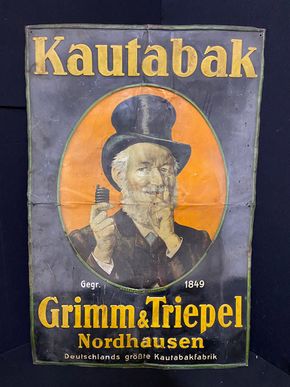 Kautabak - Grimm & Triepel -  XXL Blechschild Nordhausen 90 x 60 cm D um 1920