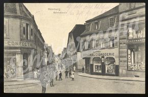 Postkarte mit großem Gabarty Emaillieschild an alter Drogeriefassade - Homburg um 1918