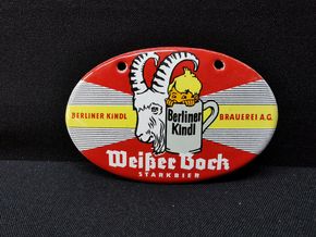 Berliner Kindl Zapfhahnschild - Weßer Bock Starkbier (Emailleschild um 1930)