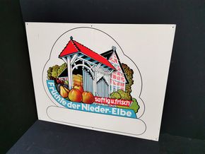 Früchte der Nieder-Elbe / Saftig und frisch (Blechschild aus der Zeit um 1955)