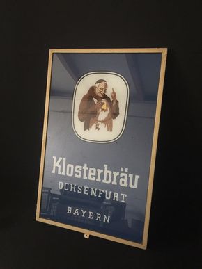 Klosterbräu Ochsenfurt Bayern - Glasschild Bierschild im Metall-Rahmen - D um 1950