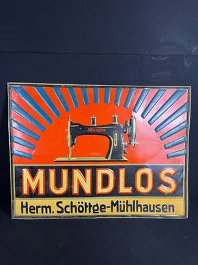 altes Blechschild Mundlos Nähmaschinen - Magdeburg / Nordhausen 58 x 78 cm um 1920
