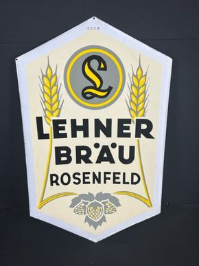 Lehner Bräu Rosenfeld Emailschild 80 x 49 cm um 1925/30  konkav gewölbt