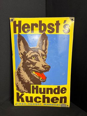 Herbst‘s Hundekuchen Emailleschild Magdeburg 50 x 33 cm um 1930