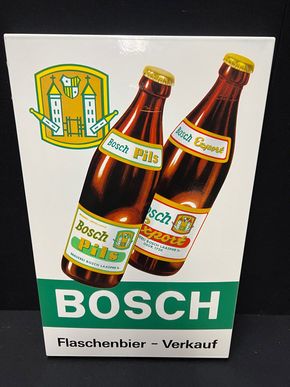 Bosch Flaschenbier Verkauf (Abgekantetes Emailleschild aus dem Jahr 1970)