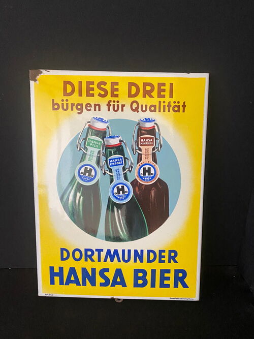 Dortmunder Hansa Bier Emailschild abgekantet - um 1955