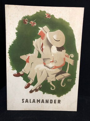 Salamander Werbepappe (30 x 21 cm) von Franz Weiss - Pärchen auf Parkbank Motiv (50er Jahre / selten)
