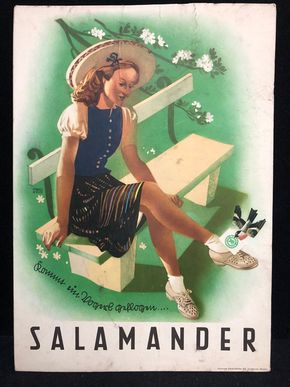 Salamander Werbepappe (30 x 21 cm) von Franz Weiss - Salamander / Mädchen auf Bank mit Vogel Motiv (50er Jahre / selten)