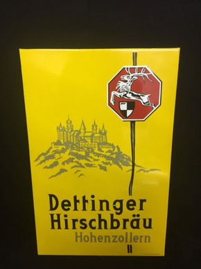 Dettinger Hirschbräu Hohenzollern Emailschild abgekantet um 1950