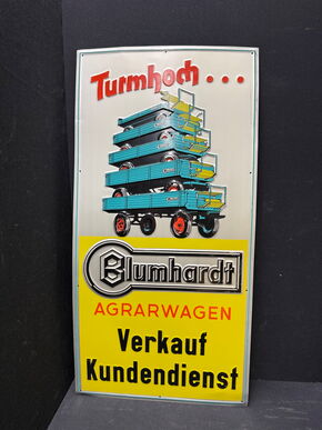 Blumhardt Agrawagen - Verkauf - Kundendienst (XL Blechschild mit original Schutzpapier / Um 1958)