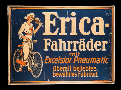 Erica Fahrräder mit Excelsior Pneumatik Blechschild um 1915