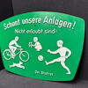 Hinweisschild: Schont unsere Anlagen!  (Gestanztes Eisenblech - Um 1960)