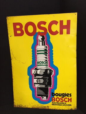 Bosch Blechschild mit Zündkerze für den französischen Markt um 1950 in XXL Größe