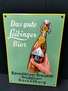 Benedektiner Brauerei Max Leibinger Ravensburg Emailschild (Um 1950)