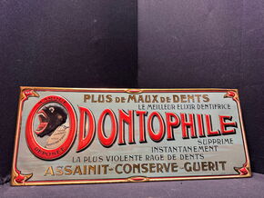 Odontophile Zahnpflege Blechschild mit Affen Jugendstil 47 x 19 cm F/CH um 1915