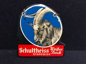 Schultheiss Brauerei Berlin / Starkbier Weißer Bock (Zapfhahnblechschild mit Korkrückseite) um 1960