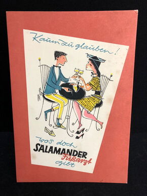 Salamander Werbepappe (26 x 18 cm) von Franz Weiss - Fußarzt Motiv rot (50er Jahre / selten)