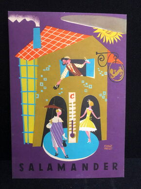 Salamander Werbepappe (21 x 15,5 cm) von Franz Weiss - Spieluhr mit Thermometer  Motiv (50er Jahre / selten)