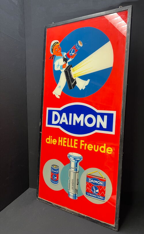 Daimon - Die helle Freude (Großes Glaswerbeschild aus der Zeit um 1945)
