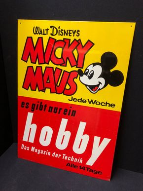 Micky Maus / Hobby (Blechschild um 1965) / Flach und abgekantet