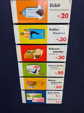 Bolle Eiskrem Werbeaufhänger mit sechs unterschiedlichen Blechschildern (60er Jahre)