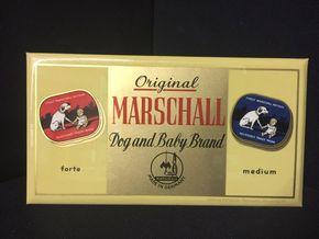 Original Marschall Dog und Baby Brand - Nadeln - Semiglasschild um 1955