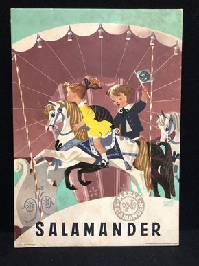 Salamander Werbepappe (30 x 21 cm) von Franz Weiss - Salamander / Karusselszene  Motiv (50er Jahre / selten)