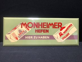 Monheimer Hefen Blechschild mit Semi-Glas-Überzug (Ca. 13,5 x 36 cm) um 1925. (A5)