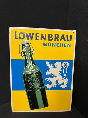 Löwenbräu München Hell Quell - altes Blechschild  38 x 28 cm  - D um 1955/60