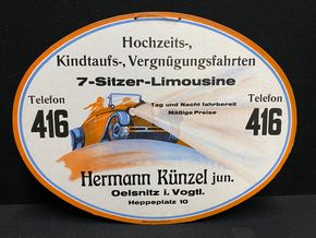 Hermann Künzel jun. - Hochzeit-, Kindtaufs-, und Vergnügungsfahrten in 7-Sitzer-Limousine (Werbepappe um 1925)
