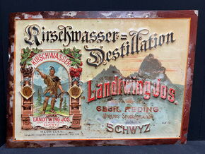 Jos. Landtwing Schwyz - Kirschwasser Destillation (Geprägtes Blechschild 1898/1900 / Schweiz)