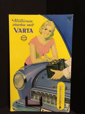 Varta Batterien - Millionen starten mit Varta - Schild mit Thermometer ( D um 1950 )