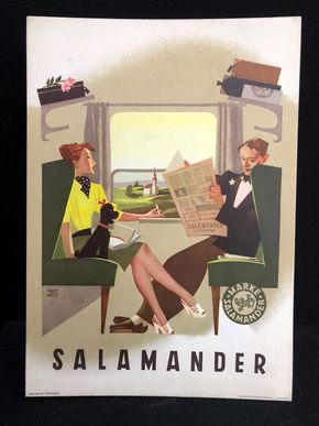Salamander Werbepappe (30 x 21 cm) von Franz Weiss - Pärchen auf Zugfahrt Motiv (50er Jahre / selten)