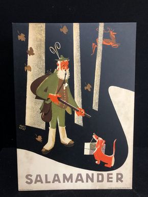 Salamander Werbepappe (30 x 21 cm) von Franz Weiss - Jäger mit Hund Motiv (50er Jahre / selten)