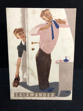 Salamander Werbepappe (15 x 10,5 cm) von Franz Weiss - Ehefrau stell Schuhe bereit Motiv (50er Jahre / selten)