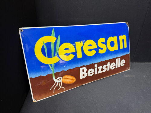 Ceresan Emailschild, gewölbt, schabloniert und lithographiert