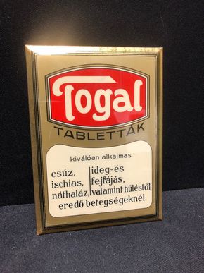 Togal Blechschild mit Semi-Glas-Überzug um 1925 (Variante 2) auf ungarisch. (A11)