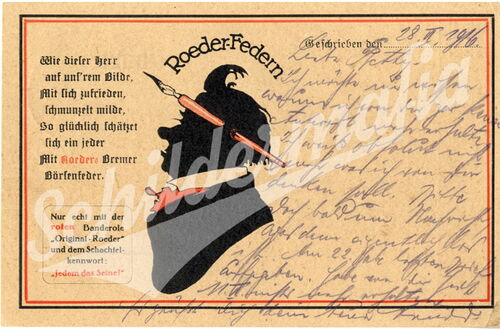 Postkarte mit alter Werbung für Roeder-Federn