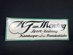 Emailschild Hamburger Fremdenblatt 40 x 14  cm Zuckerguss um 1910/15