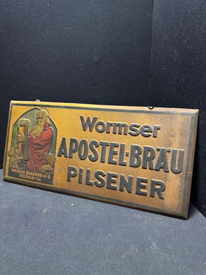 Wormser Apostelbräu Blechschild - seltene Ausführung - Werger Brauerei Worms  50 x 24 cm D um 1915