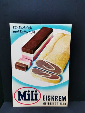 Mili Eiskrem - Für Nachtisch und Kaffeetafel / Fantastisches Blechschild um 1958