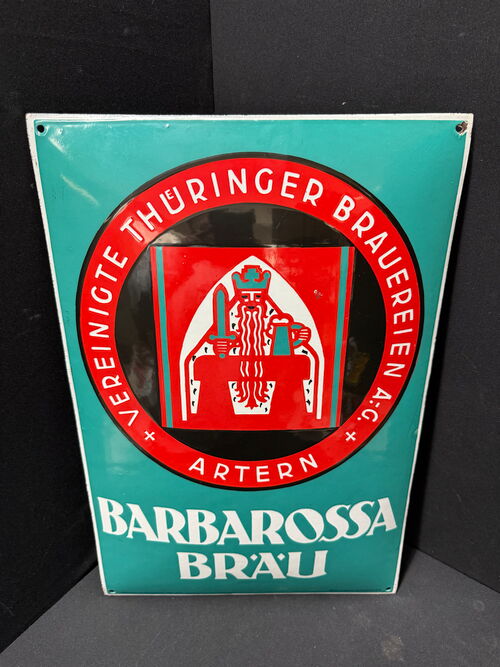 Barbarossa Bräu - Vereinigte Thüringer Brauereien A.G - Artern (Gewölbtes Emailleschild von Boos & Hahn)