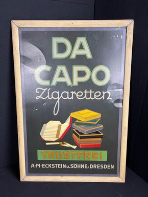 Blechschild Da Capo Zigaretten - Eckstein - Dresden 63 x 44 im Rahmen um 1930