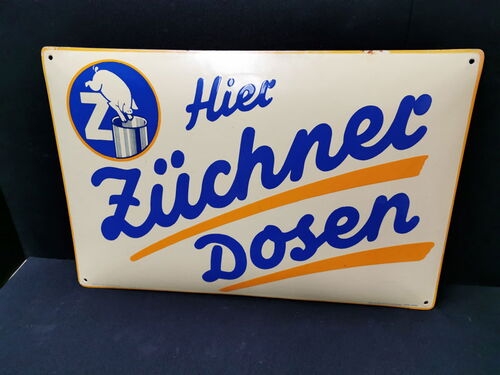 Züchner Dosen - Hier! - Gewölbtes Emailschild mit spektakuläre Rückseite (Um 1925)