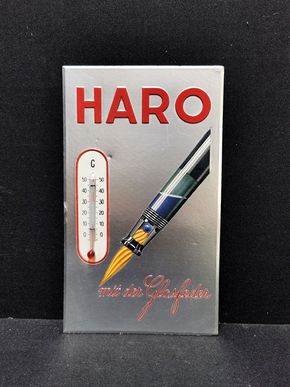 Haro Füllfederhalter - Mit der Glasfeder - 50er Jahre Werbepappe mit Thermometer