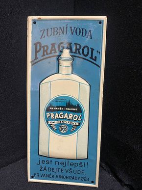 Pragarol Mundwasser Türschild Blechschild Prag um 1915 