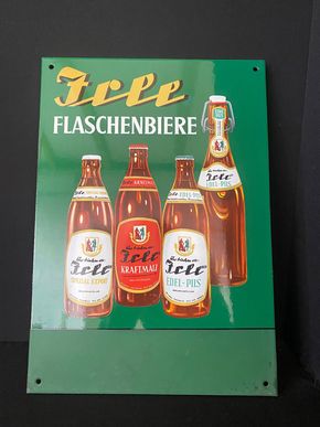 Irle Flaschenbiere Emailschild um 1955/60 mit Schriftbalken