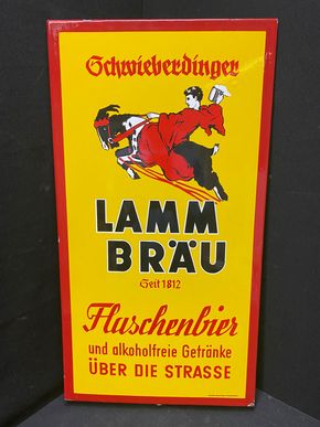 Schwieberdinger Lamm Bräu / Abgekantes Emailleschild (1930/1950)