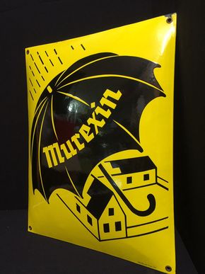 Murexin Emailschild mit Haus und Regenschirm ( Österreich um 1950 )